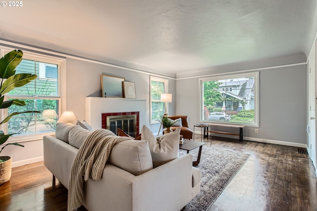 living area featuring a fireplace, wood finished floors, and baseboards
