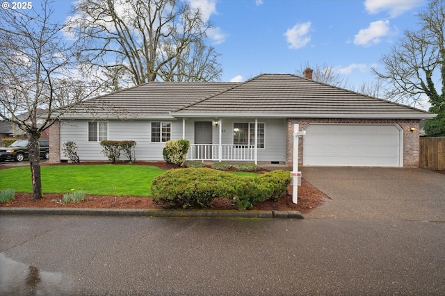 single story home with driveway, a front lawn, covered porch, an attached garage, and crawl space