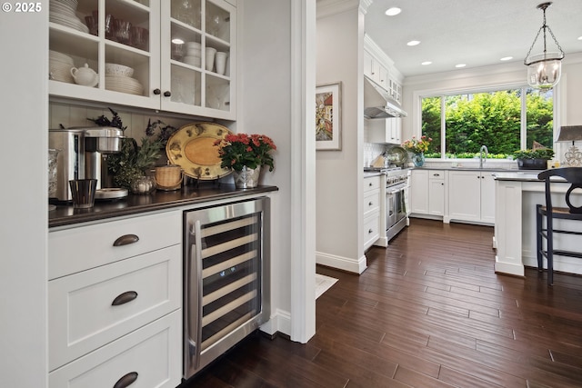 bar with beverage cooler, under cabinet range hood, a sink, double oven range, and decorative backsplash