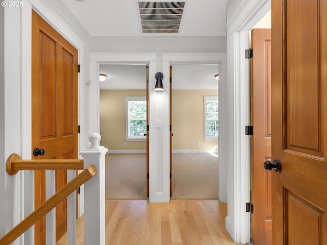 hallway with baseboards, visible vents, plenty of natural light, and light wood-style floors