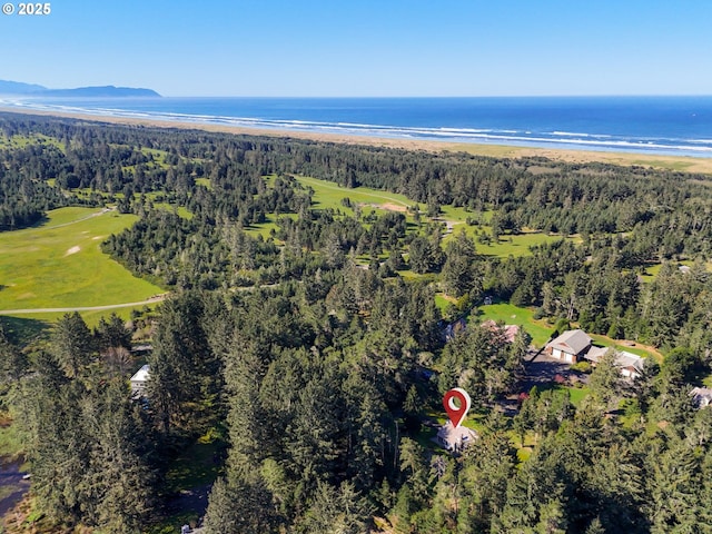 drone / aerial view featuring a water view and a wooded view