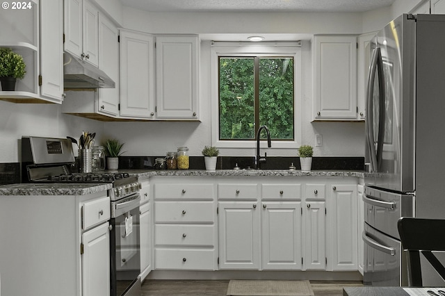 5323 Verda Ln, Keizer, OR 97303 - kitchen with appliances with stainless steel finishes, under cabinet range hood, a sink, white cabinetry, and open shelves