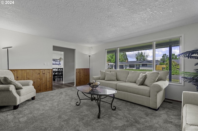 5323 Verda Ln, Keizer, OR 97303 - living area featuring carpet flooring, a wainscoted wall, wooden walls, and a textured ceiling