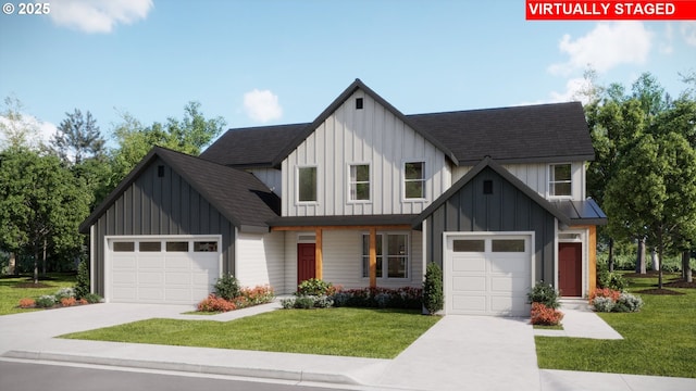 modern inspired farmhouse featuring a front lawn, concrete driveway, board and batten siding, and roof with shingles