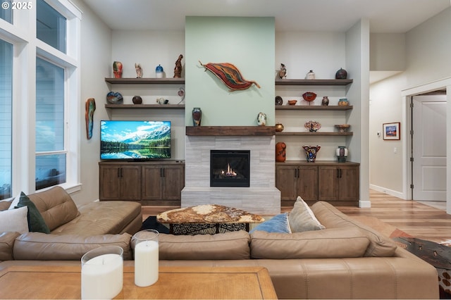 living room featuring a fireplace and light hardwood / wood-style floors