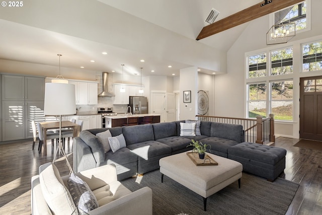 21420 NE Red Hills Ln, Dundee, OR 97115 - living area with high vaulted ceiling, dark wood-style flooring, beamed ceiling, recessed lighting, and a chandelier