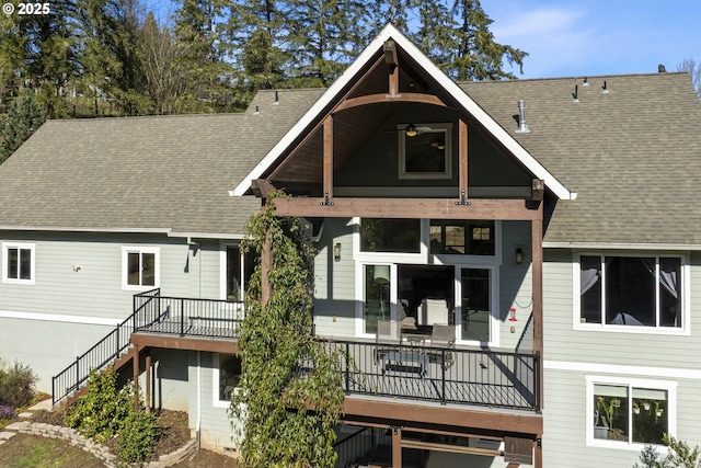 21420 NE Red Hills Ln, Dundee, OR 97115 - rear view of house with stairs, a shingled roof, and a wooden deck