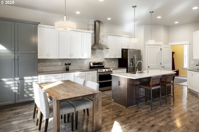 21420 NE Red Hills Ln, Dundee, OR 97115 - kitchen featuring appliances with stainless steel finishes, wall chimney exhaust hood, backsplash, dark wood-type flooring, and an island with sink