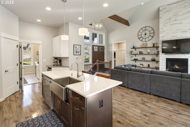 21420 NE Red Hills Ln, Dundee, OR 97115 - kitchen featuring open floor plan, stainless steel dishwasher, plenty of natural light, a high ceiling, and recessed lighting