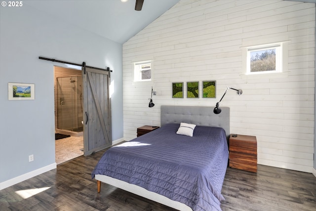 21420 NE Red Hills Ln, Dundee, OR 97115 - bedroom with a barn door, wood finished floors, high vaulted ceiling, ceiling fan, and ensuite bathroom