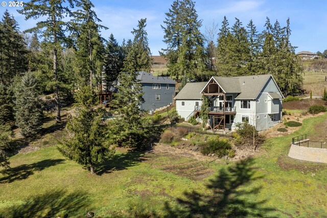 21420 NE Red Hills Ln, Dundee, OR 97115 - back of house featuring stairs, a wooden deck, and a lawn