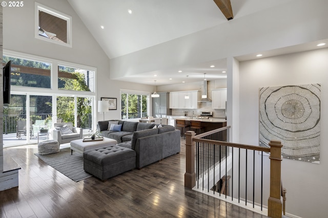 21420 NE Red Hills Ln, Dundee, OR 97115 - living area featuring high vaulted ceiling, dark wood-style flooring, and recessed lighting