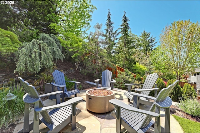 view of patio with a fire pit