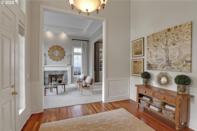 foyer with wood finished floors, a premium fireplace, a raised ceiling, and a wainscoted wall