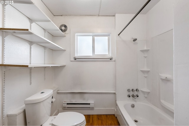 3905 SE 54th Ave, Portland, OR 97206 - bathroom featuring a baseboard radiator, toilet, wood finished floors, and shower / washtub combination