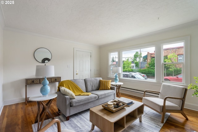 3905 SE 54th Ave, Portland, OR 97206 - living area featuring a textured ceiling, wood finished floors, crown molding, and baseboards