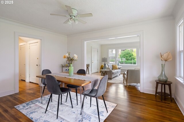 3905 SE 54th Ave, Portland, OR 97206 - dining space with wood finished floors, a ceiling fan, crown molding, and baseboards