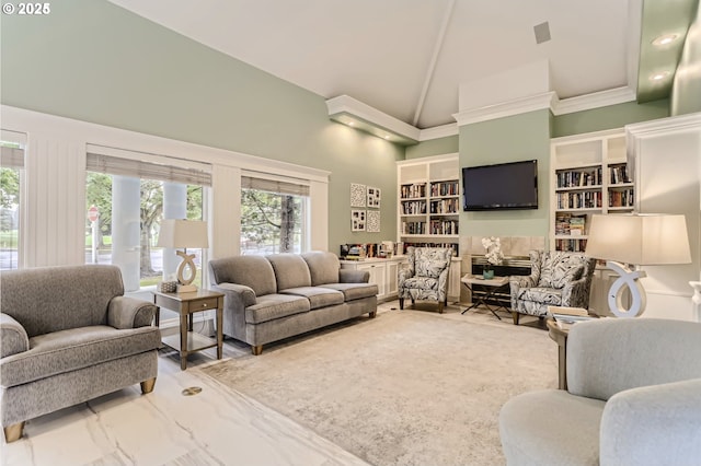 living room featuring high vaulted ceiling