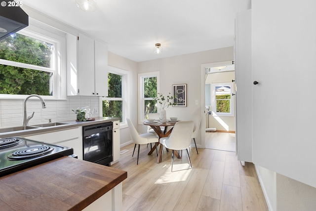 kitchen featuring light wood finished floors, black dishwasher, decorative backsplash, white cabinetry, and a sink