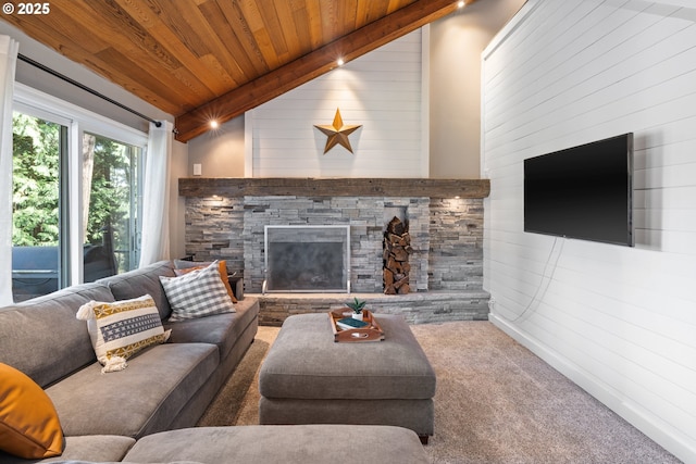 27650 SW Canyon Creek Rd, Wilsonville, OR 97070 - living room featuring wood ceiling, carpet floors, wood walls, and a stone fireplace