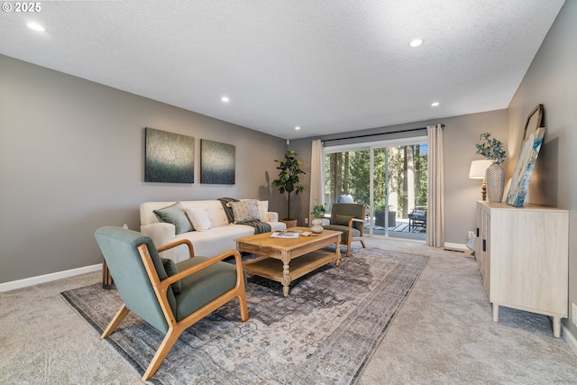 27650 SW Canyon Creek Rd, Wilsonville, OR 97070 - living room featuring light colored carpet, recessed lighting, baseboards, and a textured ceiling