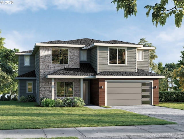 view of front facade with a garage and a front lawn