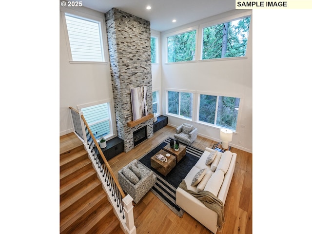 living room featuring hardwood / wood-style flooring and a stone fireplace