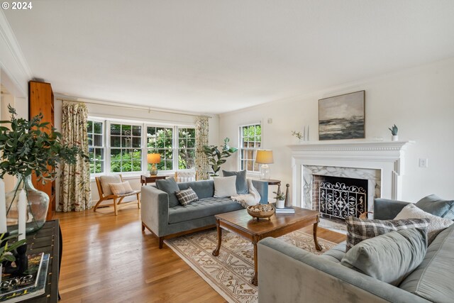 living room with a fireplace, ornamental molding, and light hardwood / wood-style flooring