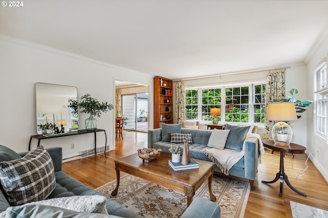 living room featuring ornamental molding and light hardwood / wood-style floors