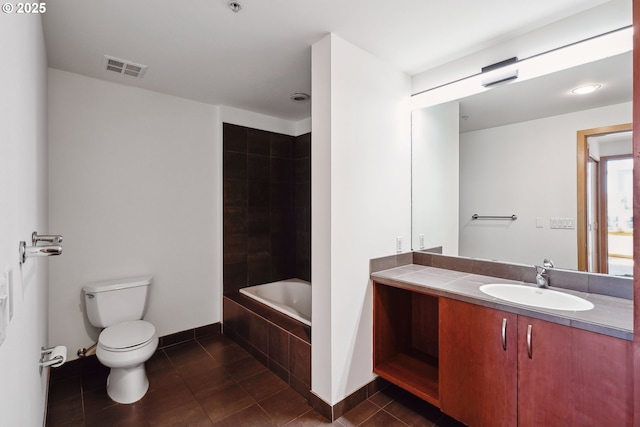 full bath with tile patterned flooring, toilet, vanity, and baseboards