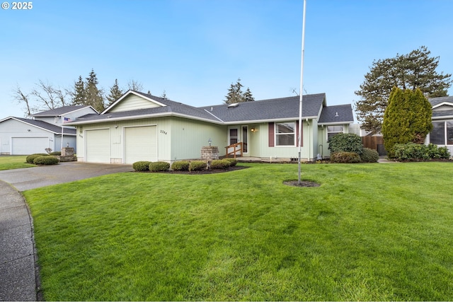 2744 Dayna Ln, Eugene, OR 97408 - ranch-style home featuring a garage, asphalt driveway, a front lawn, and a shingled roof
