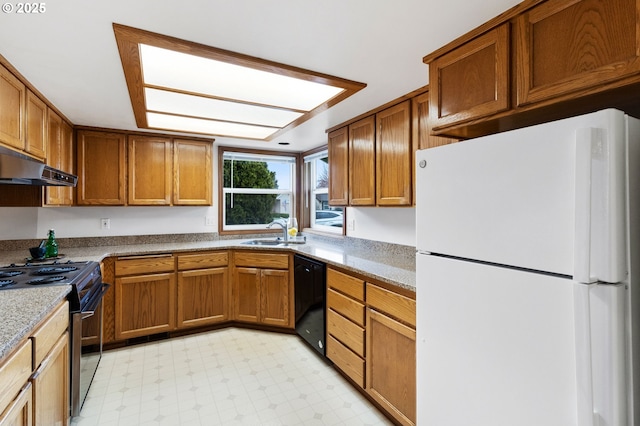 2744 Dayna Ln, Eugene, OR 97408 - kitchen featuring freestanding refrigerator, black dishwasher, electric range, a sink, and brown cabinets