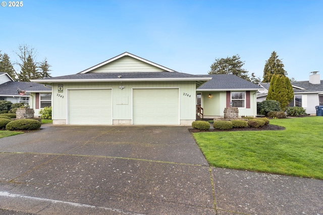 2744 Dayna Ln, Eugene, OR 97408 - ranch-style house featuring an attached garage, asphalt driveway, a front lawn, and a shingled roof