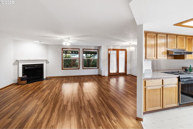 2744 Dayna Ln, Eugene, OR 97408 - kitchen featuring black range with gas stovetop, under cabinet range hood, open floor plan, ceiling fan, and light wood finished floors