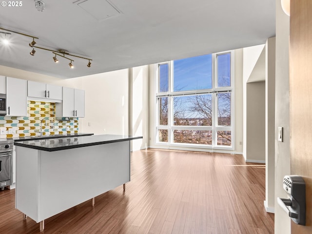 kitchen featuring white cabinetry, floor to ceiling windows, light hardwood / wood-style floors, rail lighting, and decorative backsplash