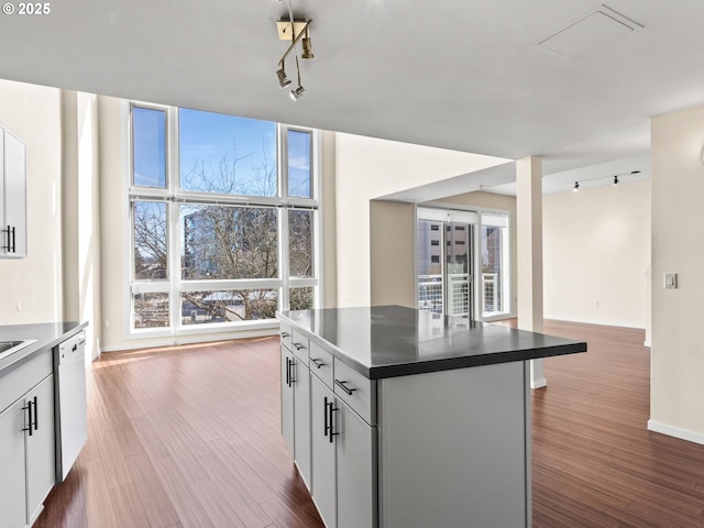 kitchen with dark hardwood / wood-style flooring, white dishwasher, white cabinetry, and floor to ceiling windows