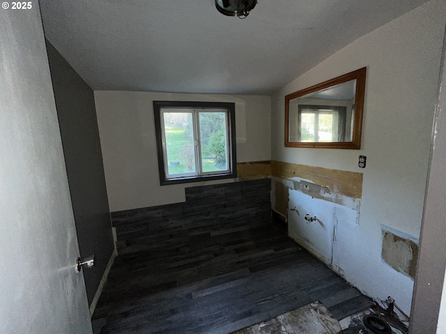 bathroom featuring lofted ceiling and hardwood / wood-style floors