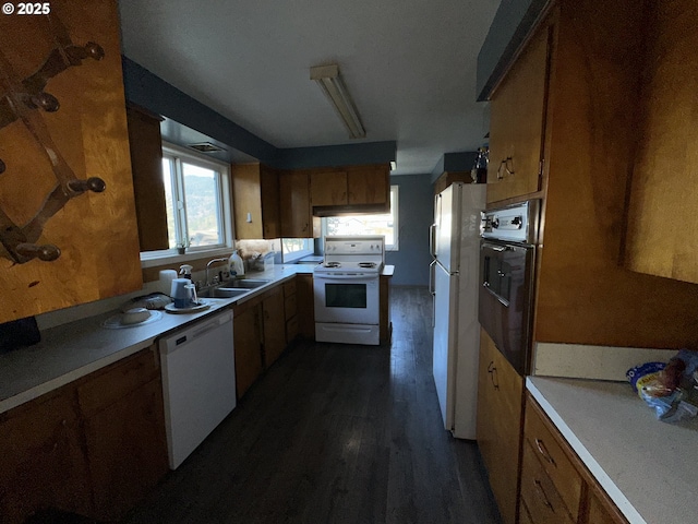 kitchen with dark hardwood / wood-style floors, sink, and white appliances