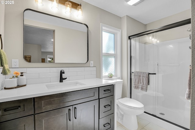 1223 NE 160th Ave, Portland, OR 97230 - full bath with vanity, toilet, backsplash, and a stall shower