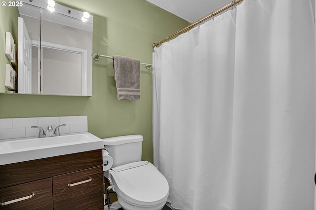 1223 NE 160th Ave, Portland, OR 97230 - bathroom featuring vanity, decorative backsplash, toilet, and curtained shower