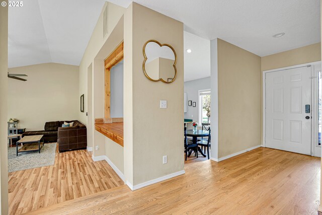 1223 NE 160th Ave, Portland, OR 97230 - foyer entrance with baseboards, light wood-type flooring, recessed lighting, a ceiling fan, and vaulted ceiling