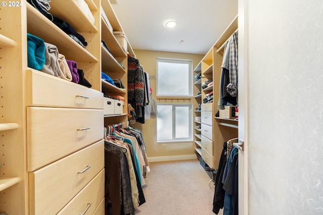 walk in closet featuring light carpet