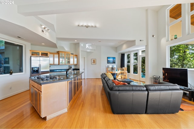 kitchen with a center island with sink, light brown cabinets, light wood-type flooring, a towering ceiling, and stainless steel appliances