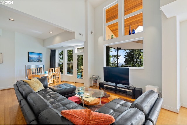 living room with a towering ceiling and light hardwood / wood-style floors