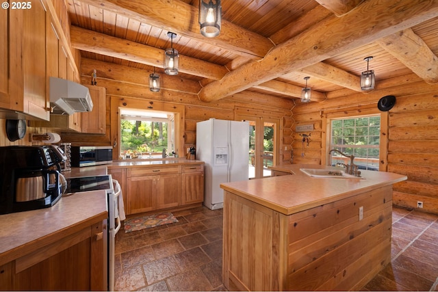 93011 Labeck Rd, Astoria, OR 97103 - kitchen featuring white appliances, ventilation hood, a wooden ceiling with exposed beams, french doors, and light countertops
