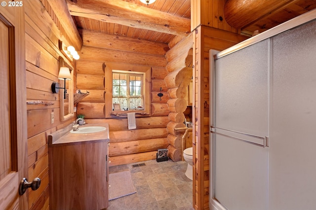 93011 Labeck Rd, Astoria, OR 97103 - bathroom with vanity, log walls, a stall shower, and a wood ceiling with exposed beams