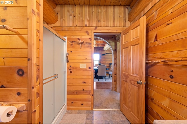 93011 Labeck Rd, Astoria, OR 97103 - corridor featuring wooden walls and wood ceiling