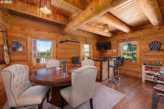 93011 Labeck Rd, Astoria, OR 97103 - dining space featuring wood finished floors, a wooden ceiling with exposed beams, healthy amount of natural light, and rustic walls