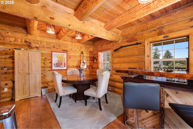 93011 Labeck Rd, Astoria, OR 97103 - dining area with wood finished floors, a wooden ceiling with exposed beams, and log walls