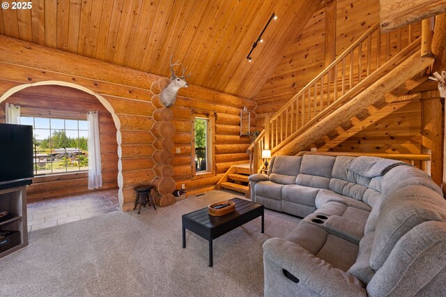 93011 Labeck Rd, Astoria, OR 97103 - living room with track lighting, wood ceiling, plenty of natural light, carpet, and log walls
